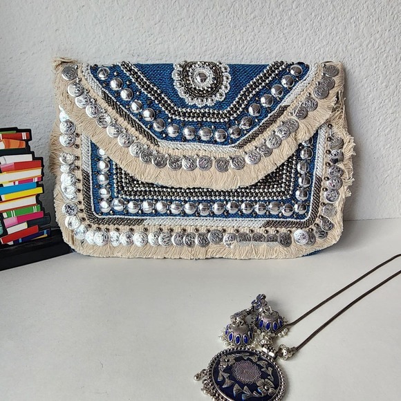 NWT Blue Boho bag coin envelope clutch embroidered hippie sling bag gift her - Picture 2 of 9